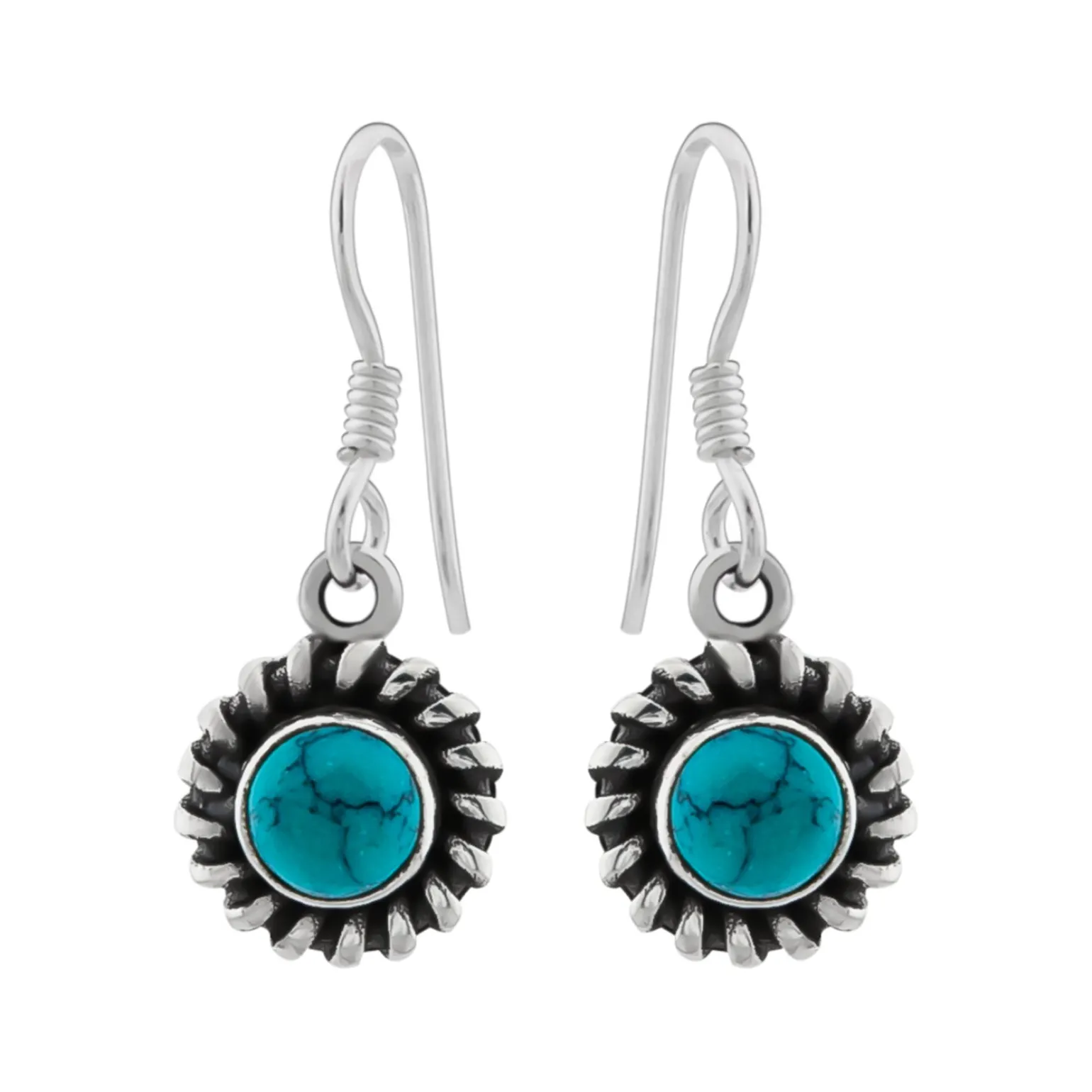 Zilveren oorhangers, ronde turquoise steen met geoxideerde bewerkte rand