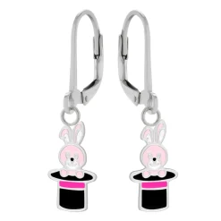Zilveren oorhangers, roze konijn in hoge hoed