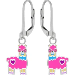 Zilveren oorhangers, roze alpaca met ogen van kristal