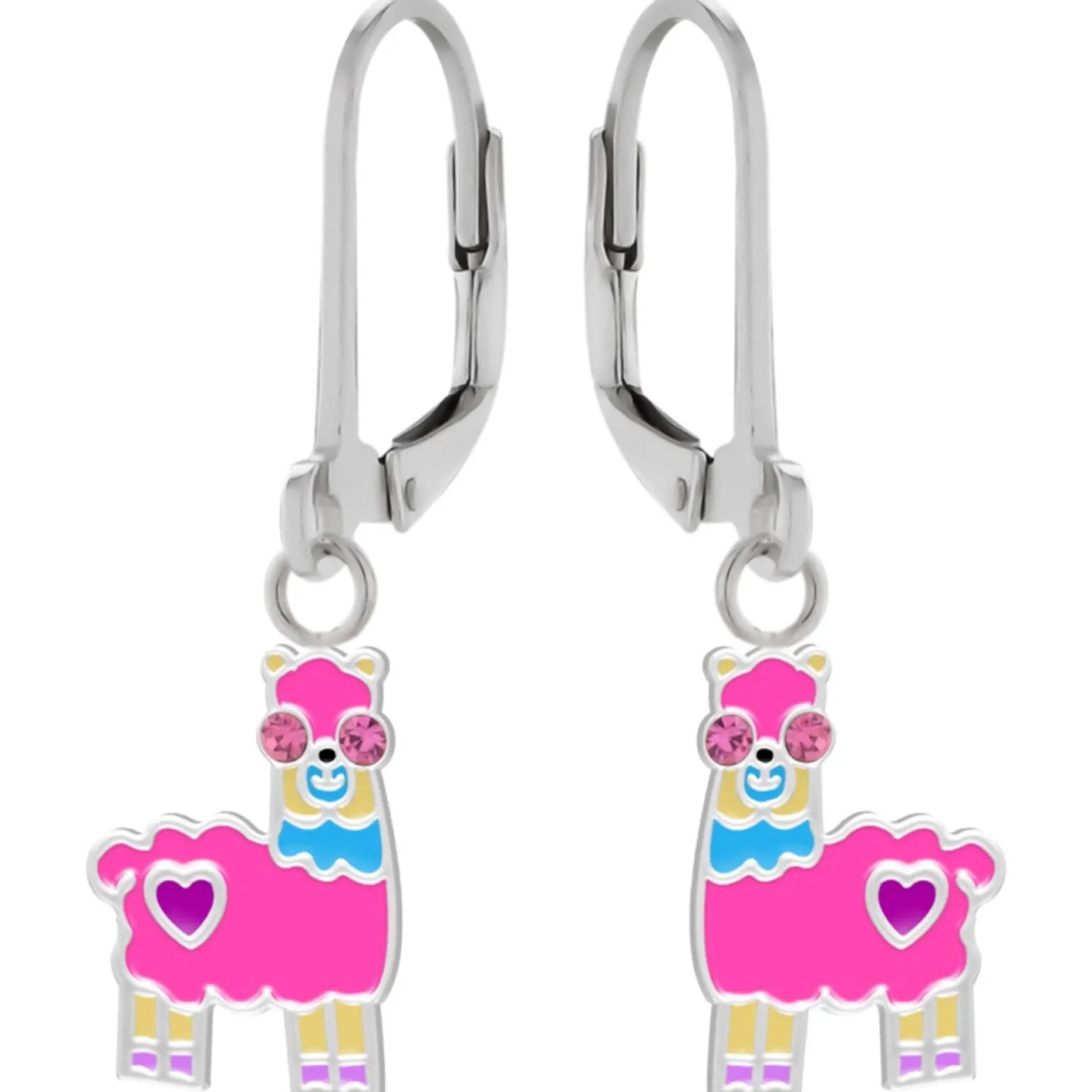 Zilveren oorhangers, roze alpaca met ogen van kristal