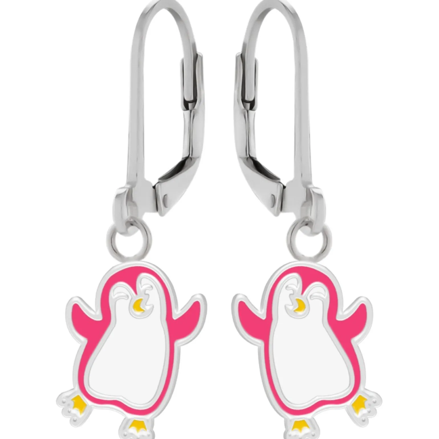 Zilveren oorhangers, roze dansende pinguin