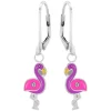 Zilveren oorhangers, roze met paarse flamingo met kristal