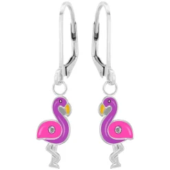 Zilveren oorhangers, roze met paarse flamingo met kristal