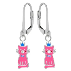 Zilveren oorhangers, roze kat met blauw kroontje