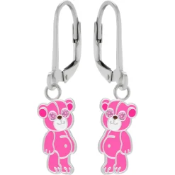 Zilveren oorhangers, roze beer met kristalogen