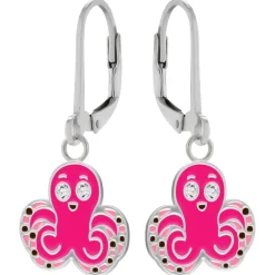 Zilveren oorhangers, roze octopus met kristalogen