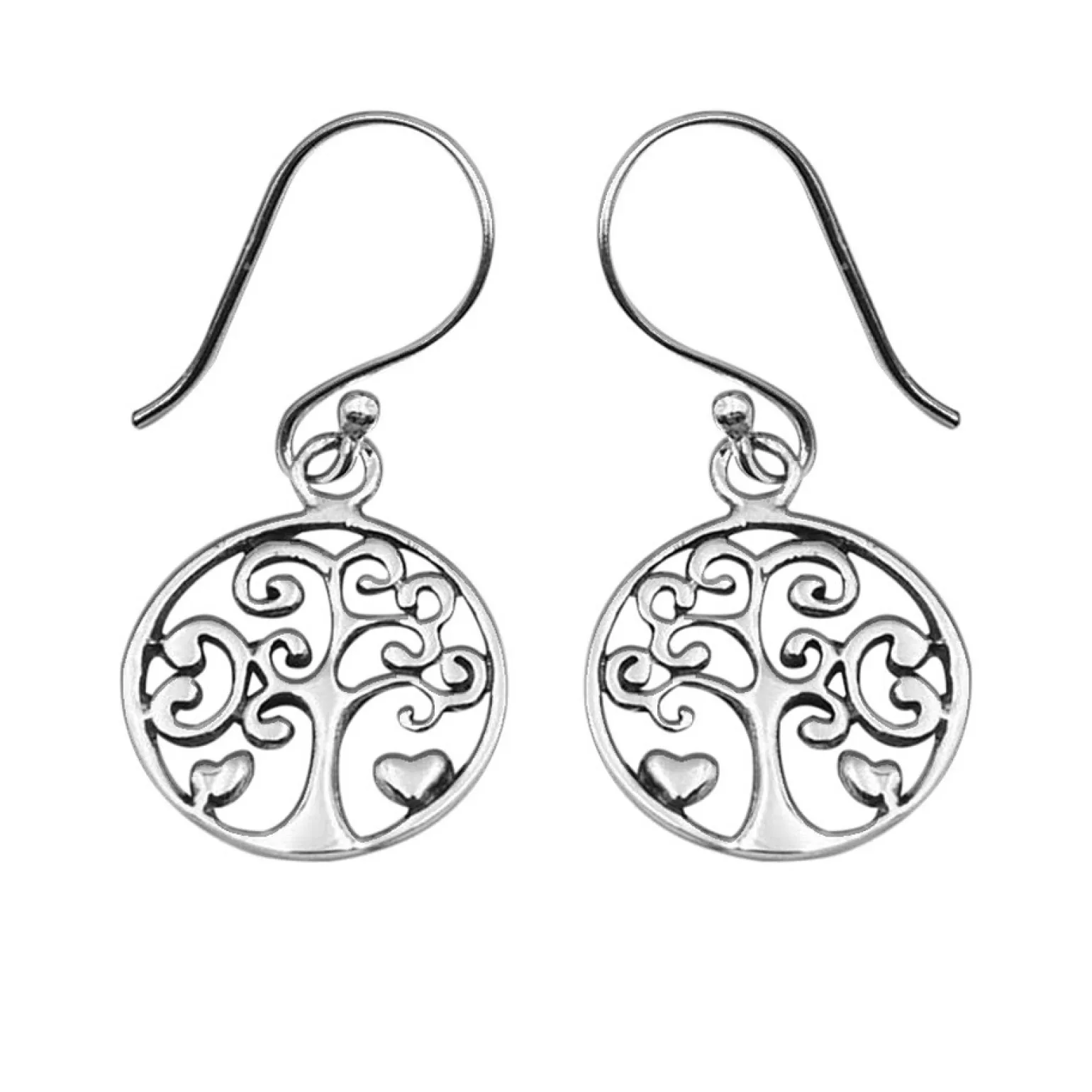 Zilveren oorhangers, tree of life met hartjes