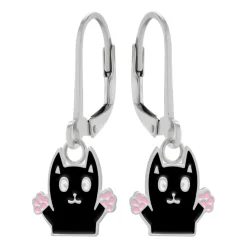 Zilveren oorhangers, vrolijke zwarte kat