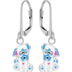 Zilveren oorhangers, wit blauw hondje met bril
