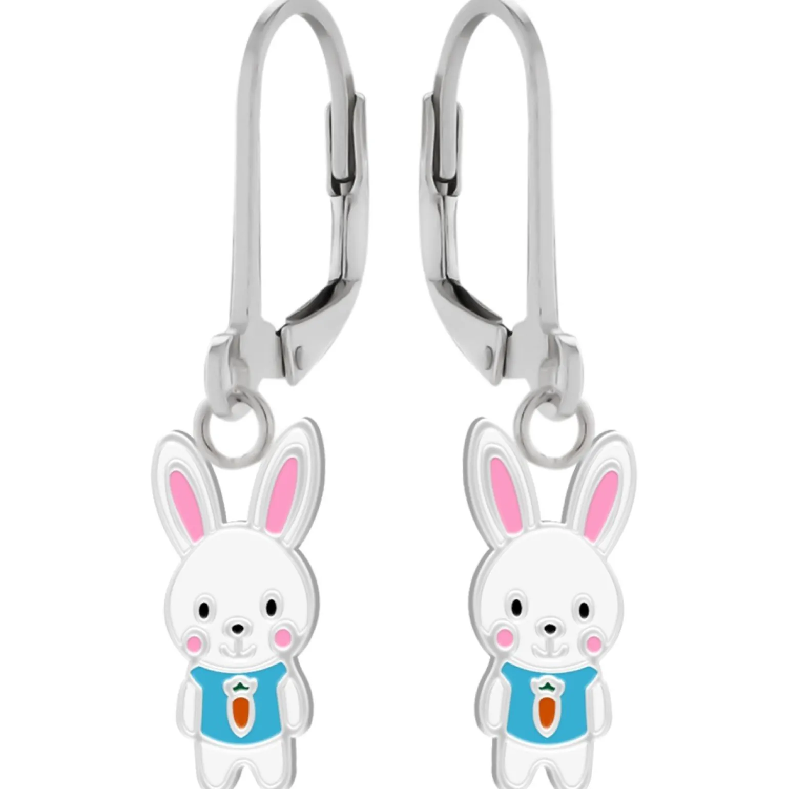 Zilveren oorhangers, wit konijn met blauw shirtje met wortel