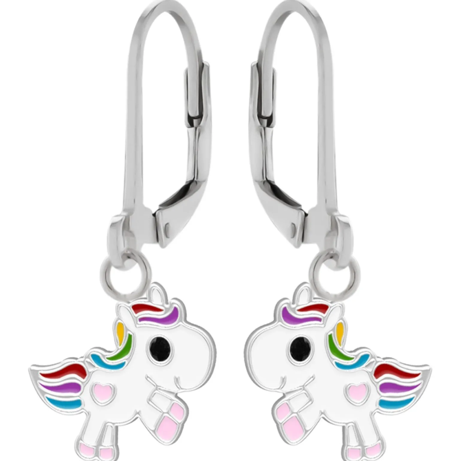 Zilveren oorhangers, witte eenhoorn met regenboog manen en staart