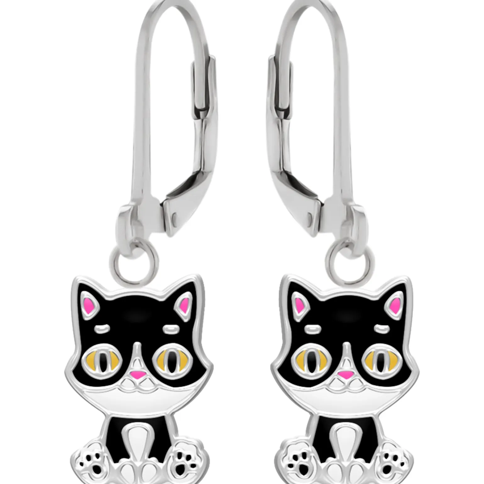 Zilveren oorhangers, zittende zwart-witte kat
