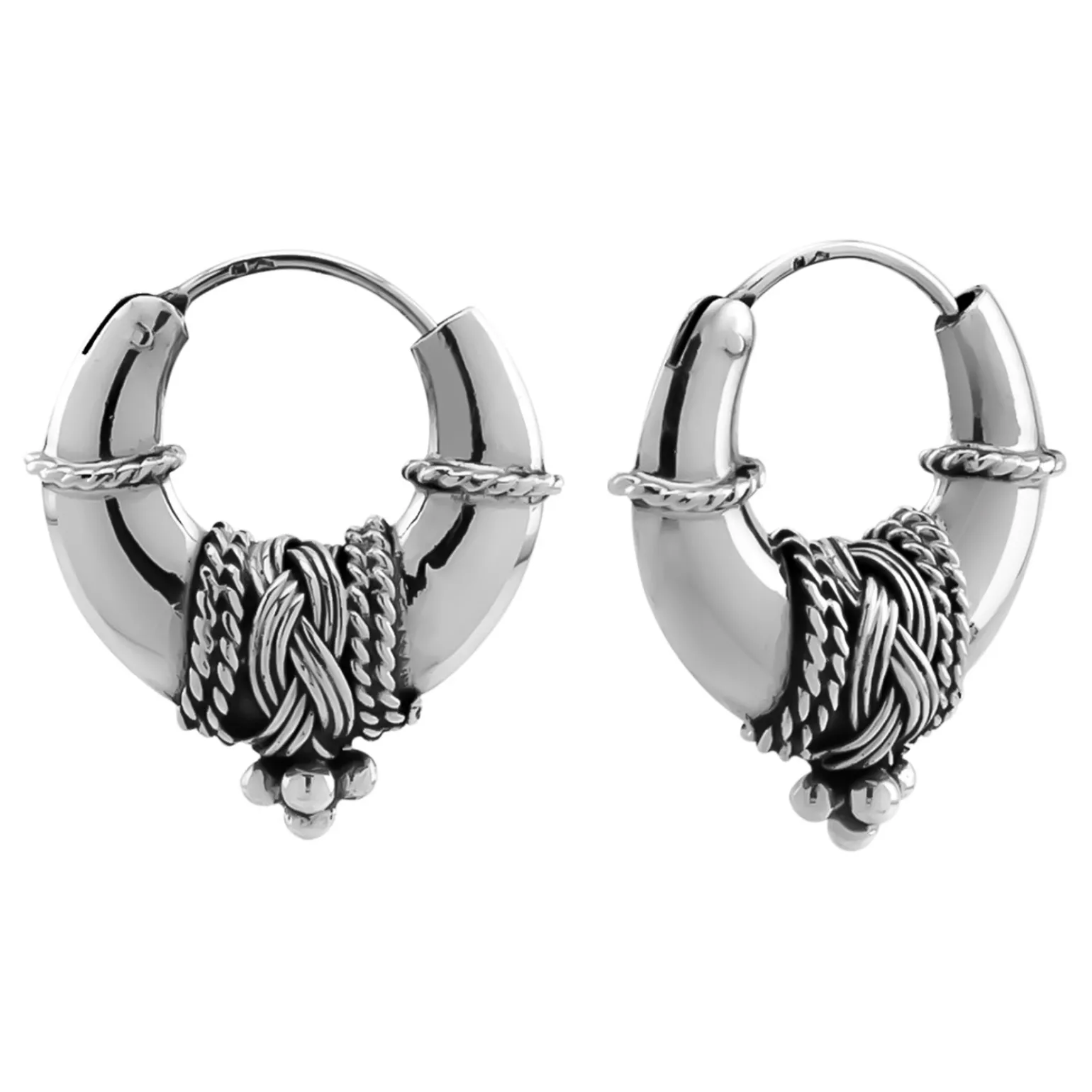 Zilveren oorringen, Bali hoops met gevlochten details en bolletjes