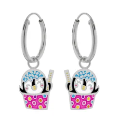 Zilveren oorringen met hanger, feestelijk pinguïnijsje