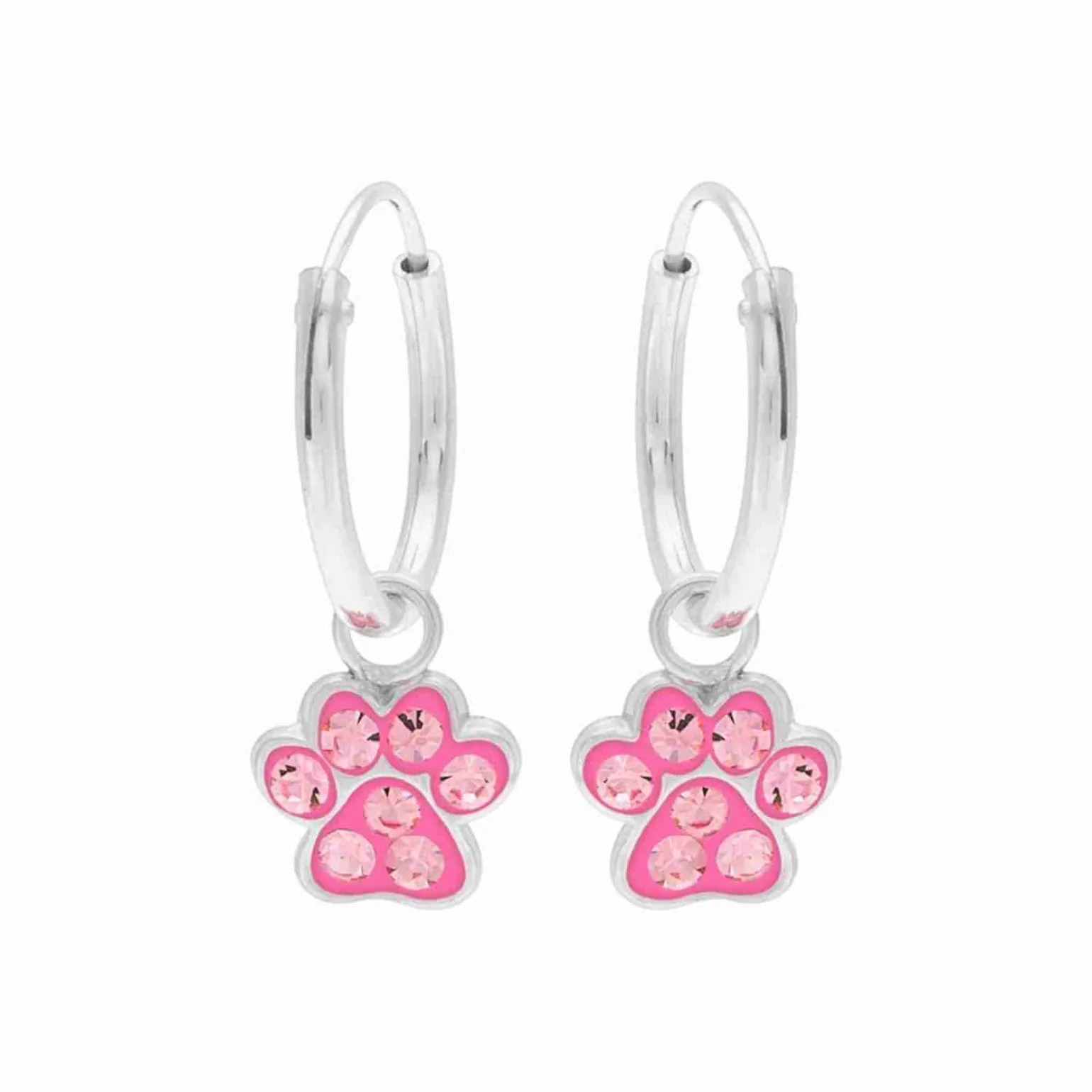 Zilveren oorringen met hanger, roze poot met kristallen
