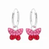 Zilveren oorringen met hanger, vlinder met roze en rode kristallen