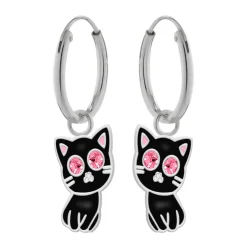 Zilveren oorringen met hanger, zwarte kat met roze kristal-ogen