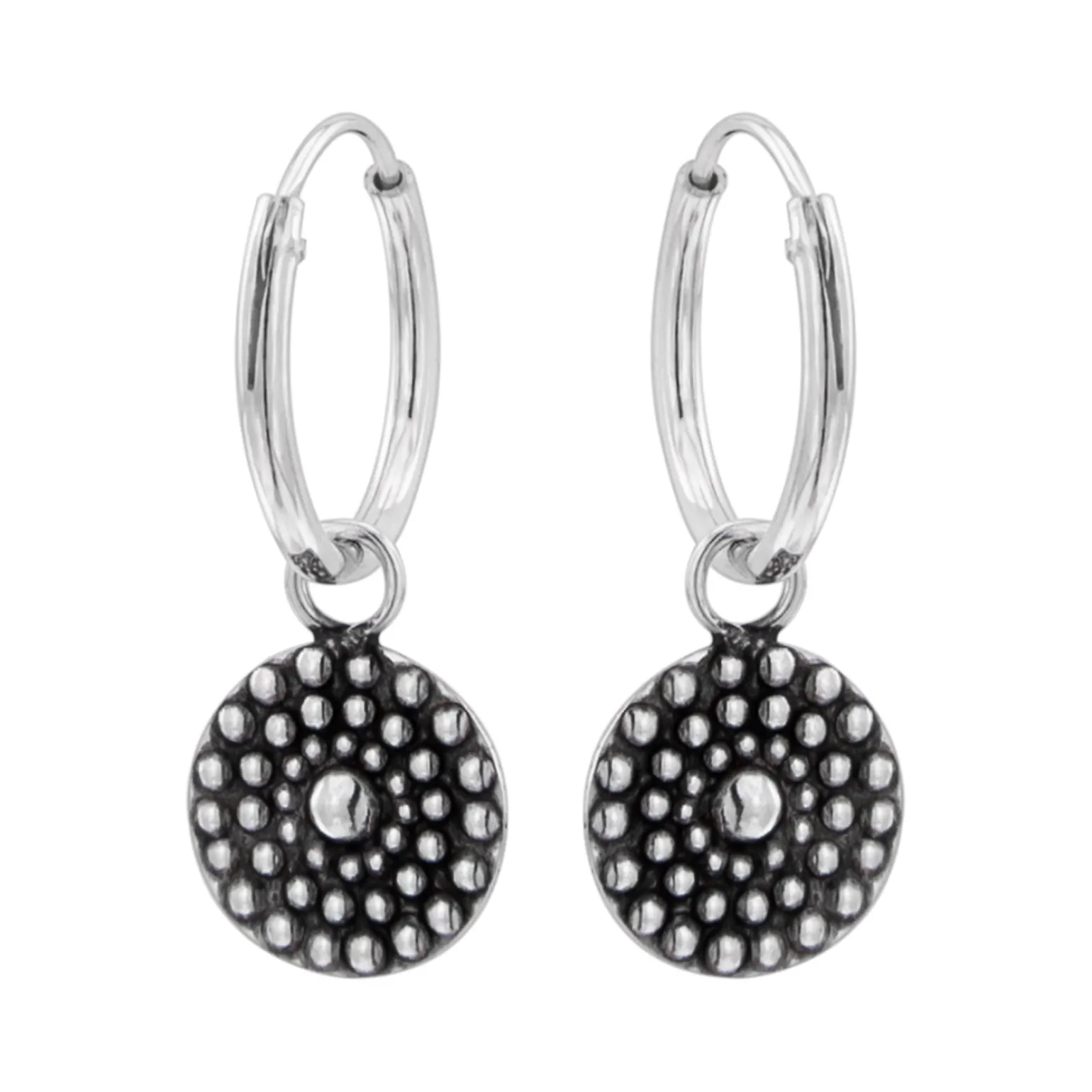 Zilveren oorringen met hanger, cirkel met bolletjes