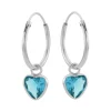 Zilveren oorringen met hanger, hartvormige cubic zirkonia steen kleur aqua marine
