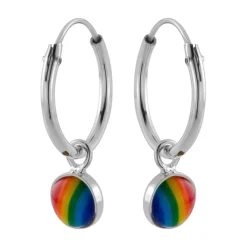 Zilveren oorringen met hanger, cirkel in regenboog kleuren