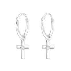 Zilveren oorringen met hanger, kruisje met kristal