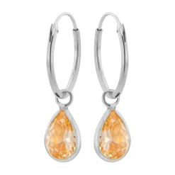 Zilveren oorringen met hanger, druppelvormige cubic zirconia steen in champagne