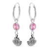 Zilveren oorringen met hanger, schelp en roze kristal