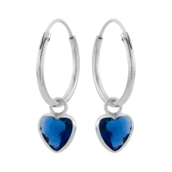 Zilveren oorringen met hanger, hartvormige cubic zirkonia steen kleur capri blue