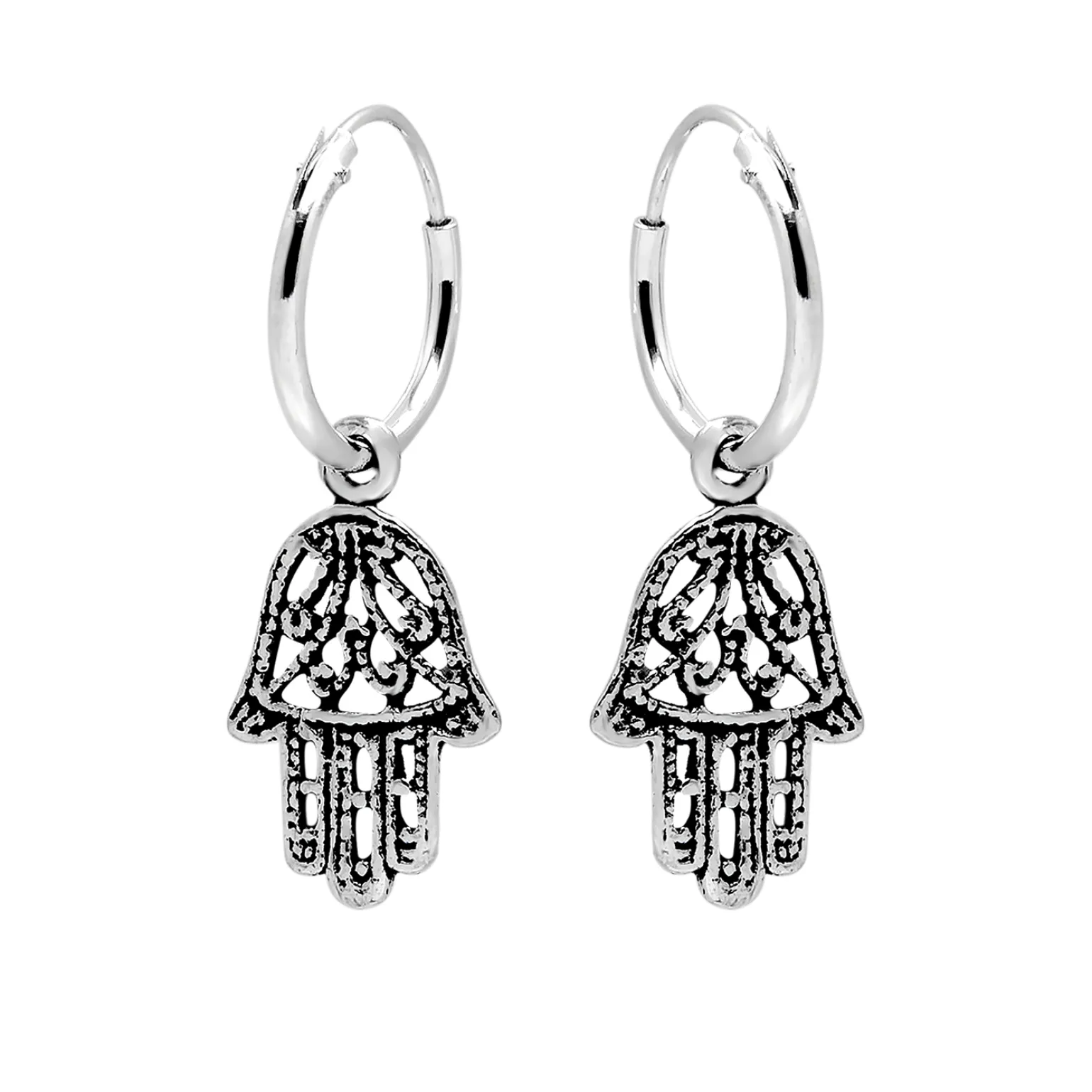 Zilveren oorringen met hanger, (k)hamsa