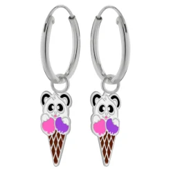 Zilveren oorringen met hanger, panda-ijsje