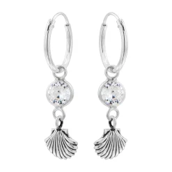 Zilveren oorringen met hanger, schelp en kristal