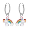 Zilveren oorringen met hanger, regenboog met eenhoorn