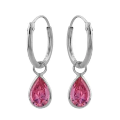 Zilveren oorringen met hanger, druppelvormig kristal roze