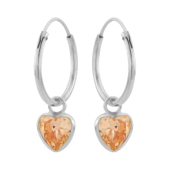 Zilveren oorringen met hanger, hartvormige cubic zirkonia steen kleur champagne