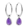 Zilveren oorringen met hanger, druppelvormige amethyst steen met zilveren rand