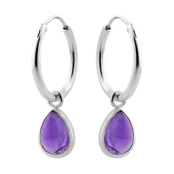 Zilveren oorringen met hanger, druppelvormige amethyst steen met zilveren rand