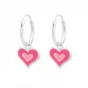 Zilveren oorringen met hanger, dubbel hart met roze en donkerroze