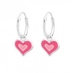Zilveren oorringen met hanger, dubbel hart met roze en donkerroze