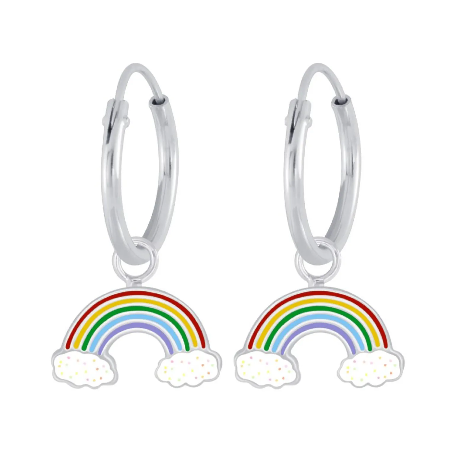 Zilveren oorringen met hanger, regenboog met wolkjes