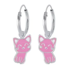 Zilveren oorringen met hanger, roze katjes