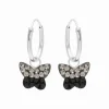 Zilveren oorringen met hanger, vlinder met grijze en zwarte kristallen