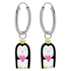 Zilveren oorringen met hanger, pinguïn met kroon en hartje