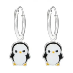 Zilveren oorringen met hanger, pinguïn