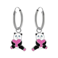 Zilveren oorringen met hanger, panda met hart