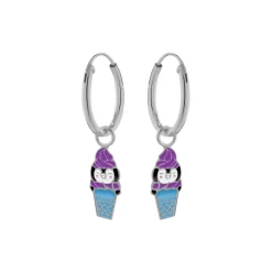 Zilveren oorringen met hanger, paars pinguïnijsje