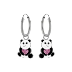 Zilveren oorringen met hanger, panda met roze hart met kristallen