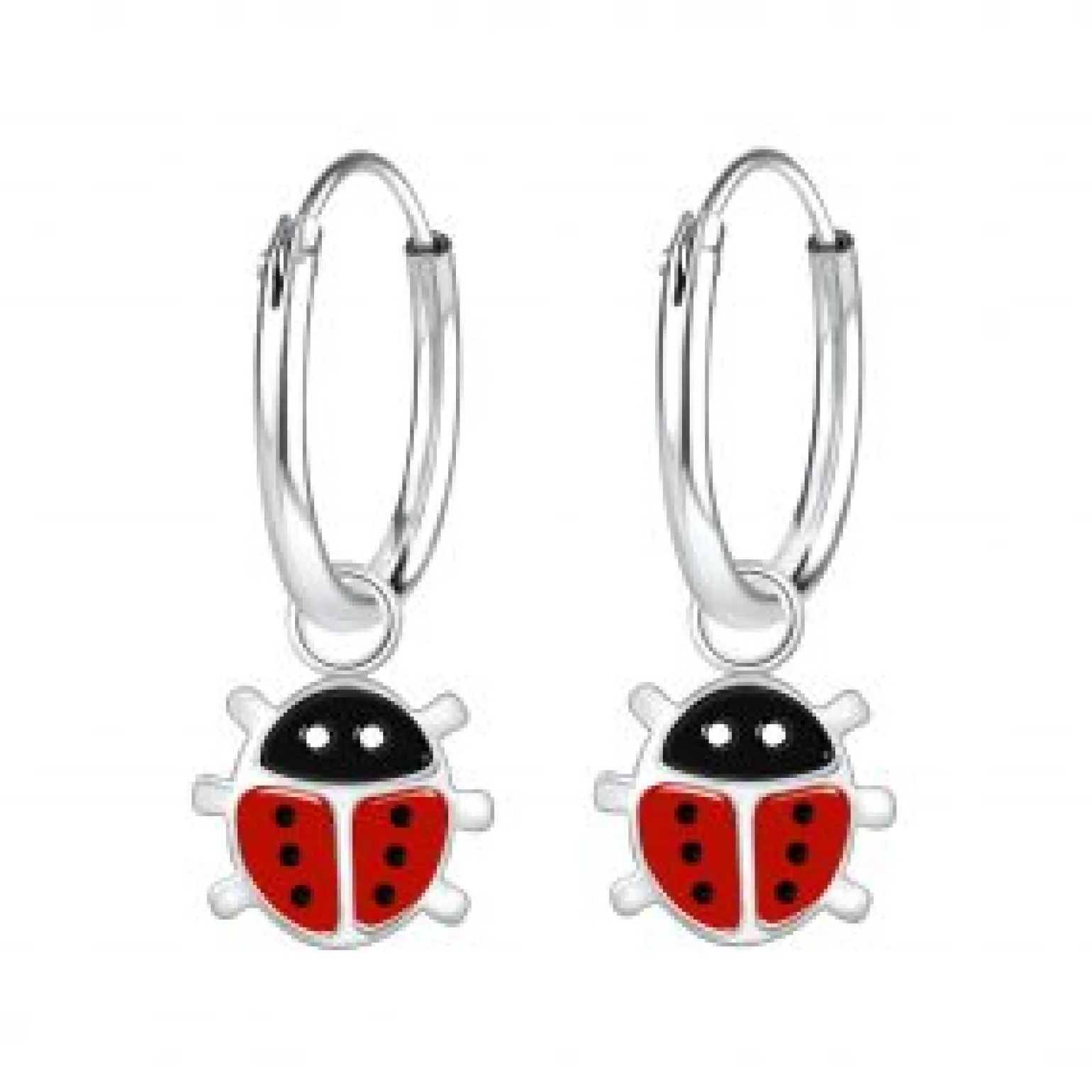 Zilveren oorringen met hanger, lieveheersbeestje