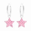 Zilveren oorringen met hanger, roze ster met kristallen