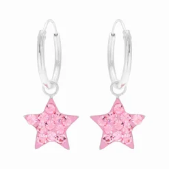 Zilveren oorringen met hanger, roze ster met kristallen