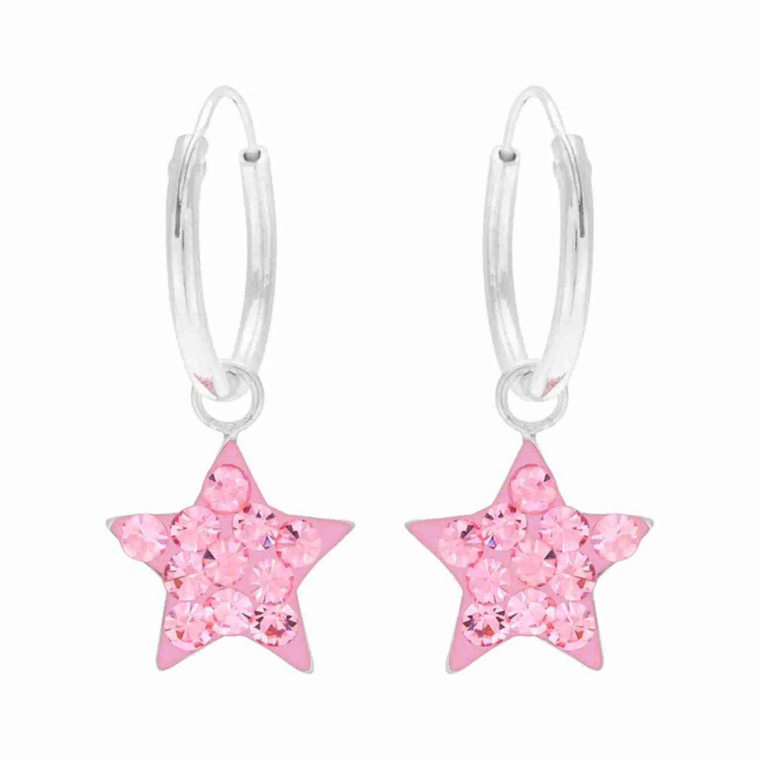 Zilveren oorringen met hanger, roze ster met kristallen